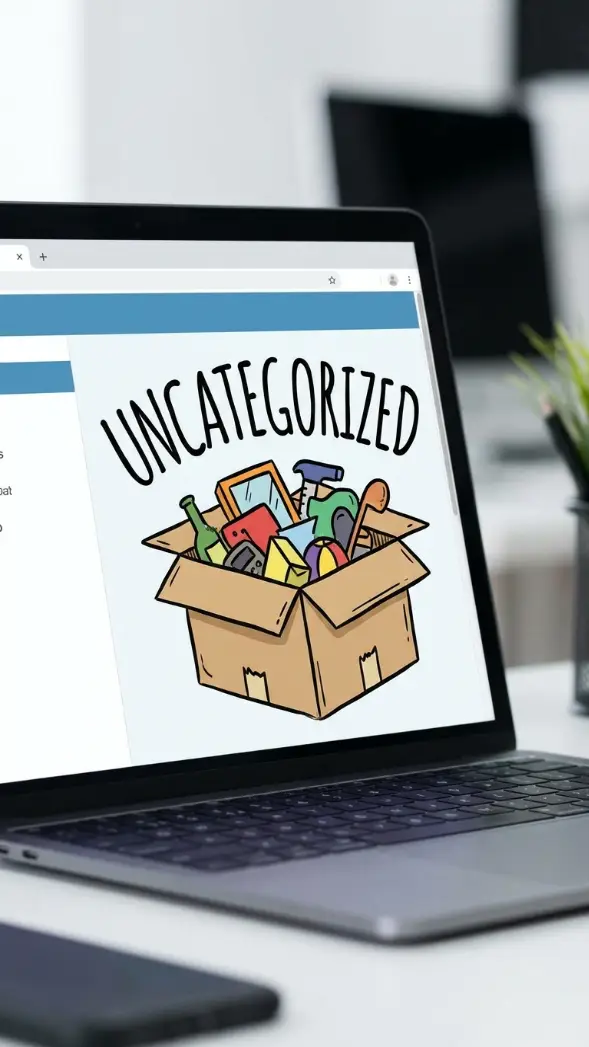 Laptop screen shows a box labeled "UNCATEGORIZED" filled with items.