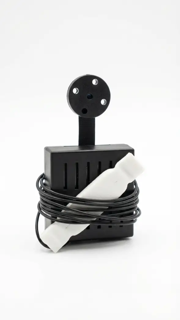 Cámara botón espía 4K WiFi oculta en dispositivo negro con cable enrollado.